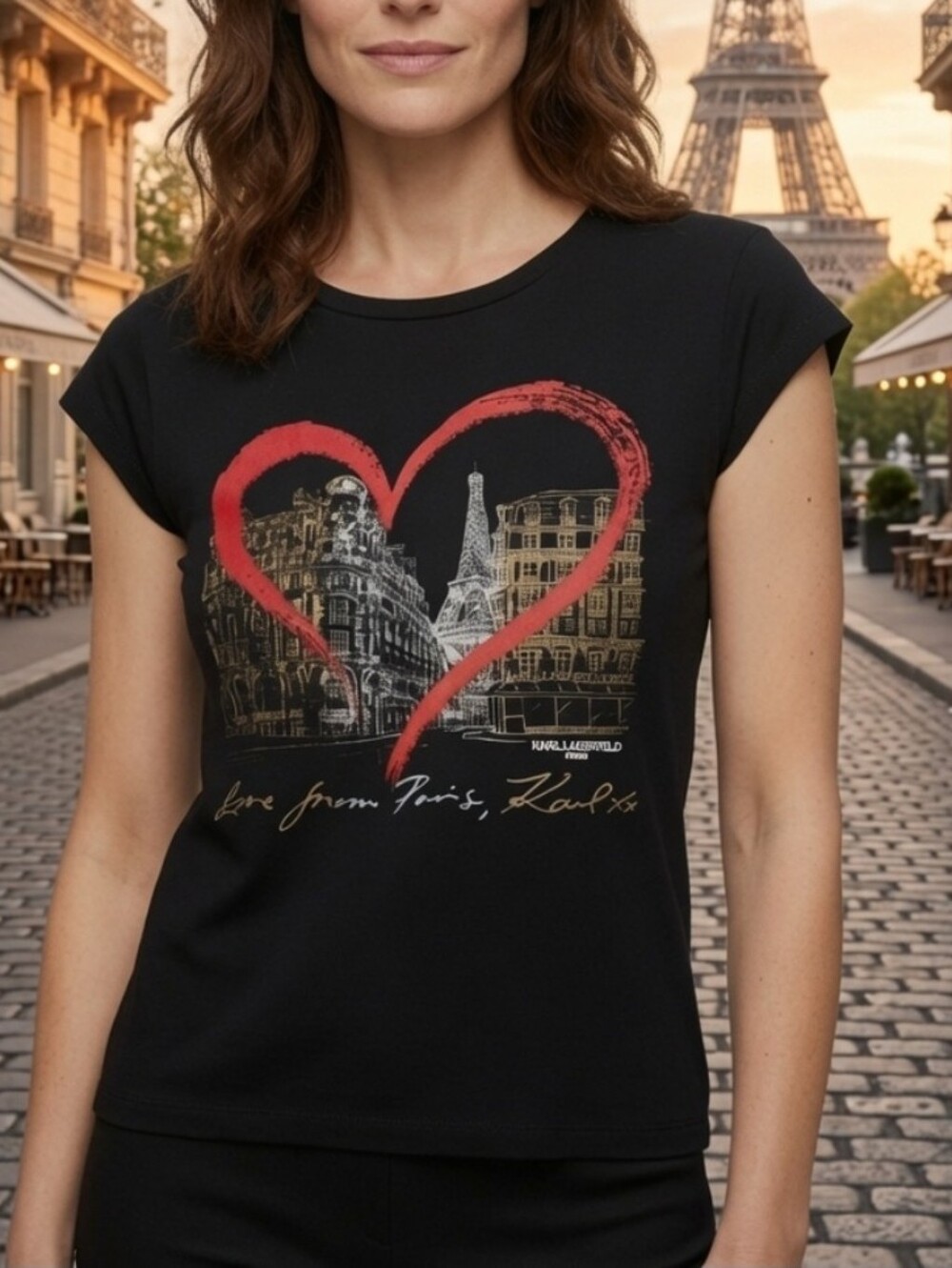 Karl Lagerfeld, Paris Eiffel Towe Graphic T-Shirt, Black, XL, Designer